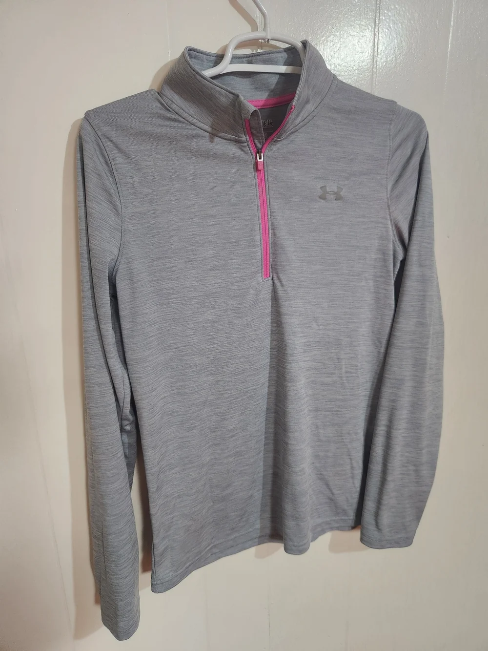 Under Armour Girls Loose Light Gray And Pink Quarter-Zip Pullover Athletic YXL